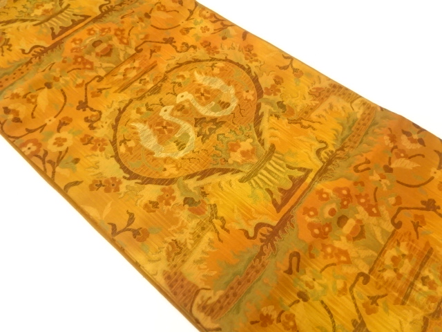 花器に向かい鳥模様織出し全通袋帯